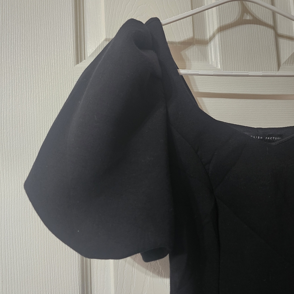 English Factory Black Puff Sleeve A-Line Mini Dress, Study Scuba Knit, EUC! - Picture 4 of 14